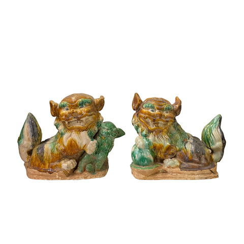 tri-color ceramic foo dogs - Chinese Fengshui lions statue - oriental clay foo dogs lions