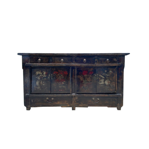 vintage black flower graphic sideboard - asian rustic black tall credenza 