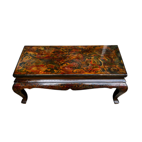 tibetan dragons rectangular table - yellow brown low kang table - rustic vintage low coffee table