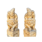 Chinese Pair Cream White Marble Stone Fengshui Foo Dog Pole Statues cs7209S