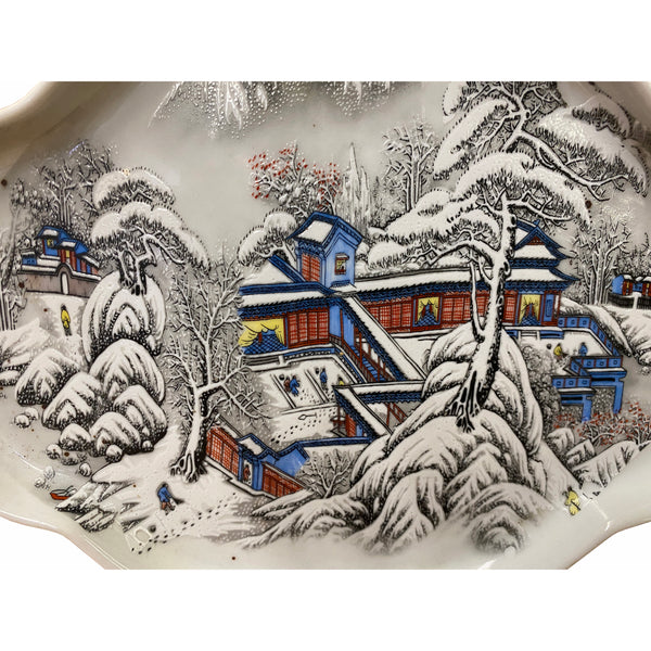 Chinese Off White Porcelain Snow Scene Flower Shape Display Plate ws1823S Chinese Off White Porcelain Snow Scene Flower Shape Display Plate ws1823S