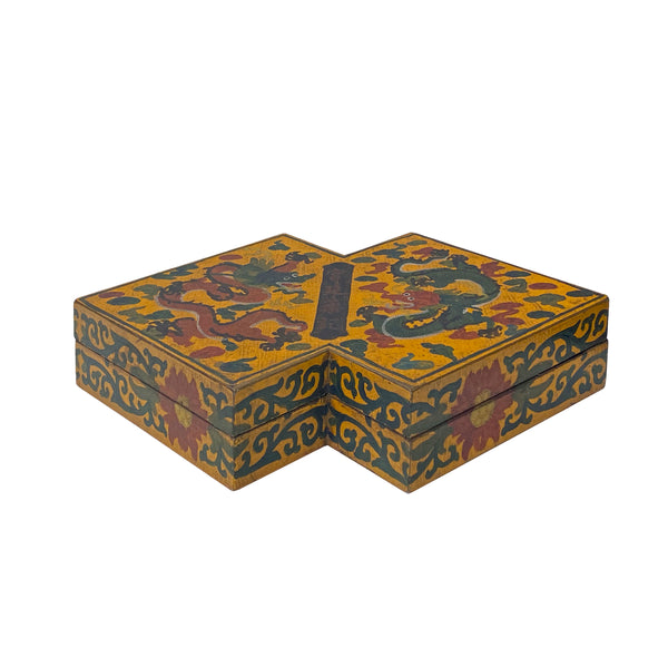 Chinese Distressed Yellow Lacquer Double Rhombus Dragons Graphic Box ws2334S Chinese Distressed Yellow Lacquer Double Rhombus Dragons Graphic Box ws2334S