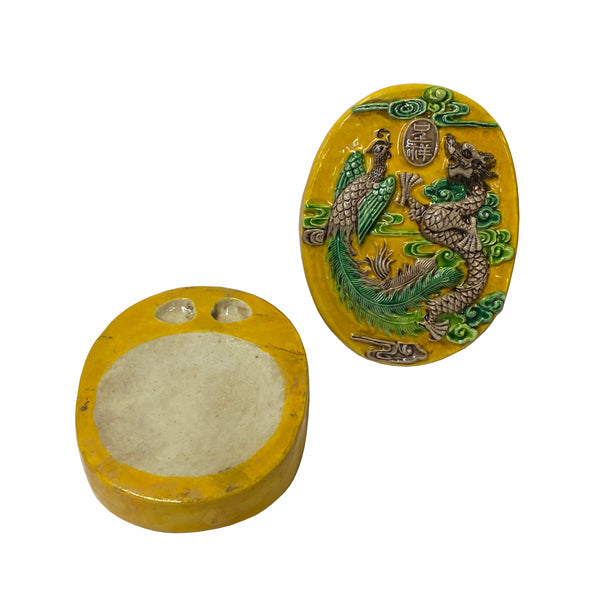 Chinese Yellow Mustard Ceramic Phoenix Dragon Ink Well Dipping Display ws1806S Chinese Yellow Mustard Ceramic Phoenix Dragon Ink Well Dipping Display ws1806S