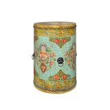 Distressed Chinese Tibetan Drum Shape Turquoise Crackle Floral Side Table cs7518S