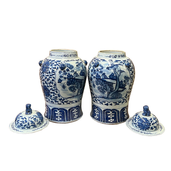 Pair of Chinese Blue White Porcelain Flower Bird Graphic Temple Jars ws2550S Pair of Chinese Blue White Porcelain Flower Bird Graphic Temple Jars ws2550S