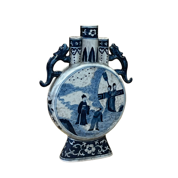 Chinese Blue White Porcelain Round Flat Body People Theme Vase ws2989S Chinese Blue White Porcelain Round Flat Body People Theme Vase ws2989S