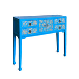 Bright Blue Lacquer Golden Flower Graphic Drawers Slim Foyer Side Table cs7146S