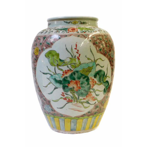 Chinese Color Porcelain Flower Bird Scenery Pot Jar 