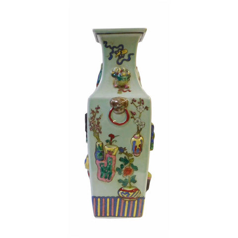 Chinese Light Green Dimensional Color Graphic Square Porcelain Vase