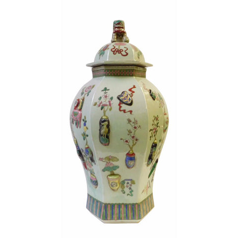 Chinese Light Green Dimensional Color Graphic Hexagon Porcelain Jar