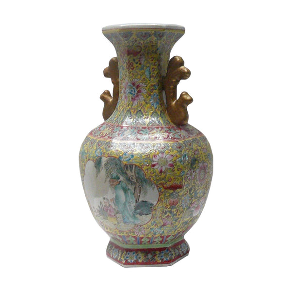 Chinese Yellow Base Hexagon Canton Famille Porcelain Vase cs169S Chinese Yellow Base Hexagon Canton Famille Porcelain Vase cs169S