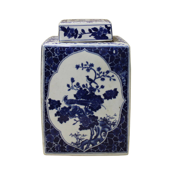 Chinese Blue White Square Porcelain Flowers Accent Jar cs2451S