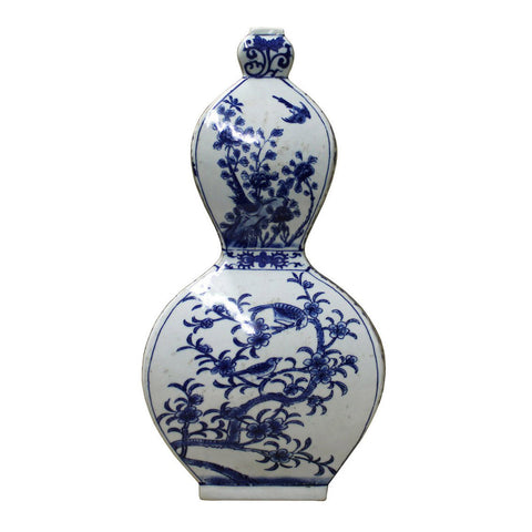 Chinese Blue White Porcelain Flower Bird Graphic Flat Gourd Shape Vase