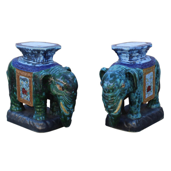 Pair Ceramic Handmade Chinese Green Blue Oriental Elephant Figures cs3622S