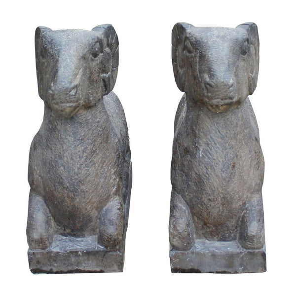 Chinese Pair Vintage Look Gray Color Crouching Ram Stone Statues cs4127S Chinese Pair Vintage Look Gray Color Crouching Ram Stone Statues cs4127S