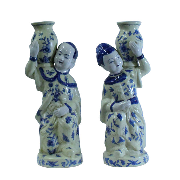 Pair Oriental Ceramic Cream Yellow Blue Couple Holding Jar Figures cs5215S