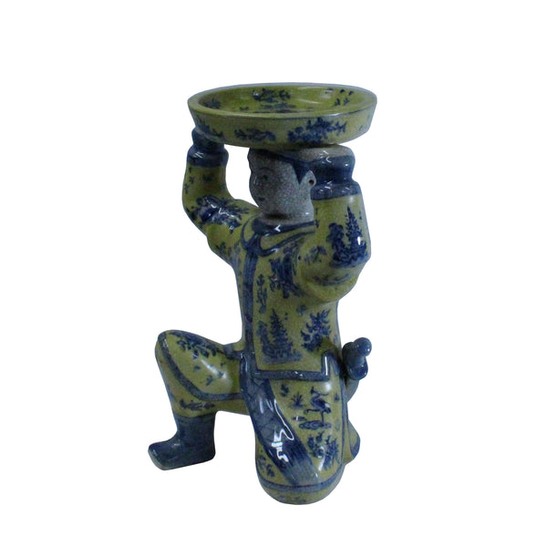 Oriental Vintage Ceramic Yellow Blue Flower Man Holding Dish Figure cs5220S Oriental Vintage Ceramic Yellow Blue Flower Man Holding Dish Figure cs5220S