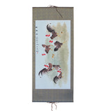Chinese Color Ink Rooster Hens Scenery Horizontal Scroll Painting Wall Art cs5704S