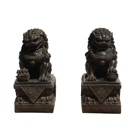 Pair Chinese Distressed Black Brown Marble Like Fengshui Foo Dogs cs5805S