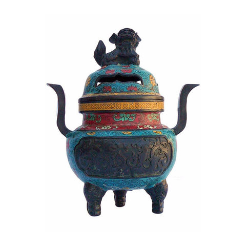 Turquoise Cloisonne Tri legs Ding Incense Burner With Foo Dog Cover