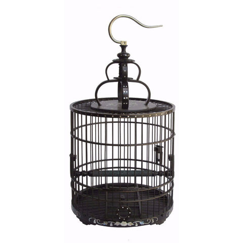 Chinese Tan Rosewood Mother of Pearl Inlay Round Collectable Birdcage