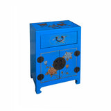 Chinese Bright Blue Vinyl Moon Face Flower Birds End Table Nightstand cs7131S