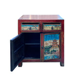 Chinese Distressed Red Blue Old Scenery Graphic Credenza Cabinet cs7393S