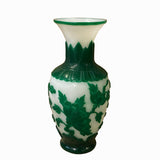 Vintage Chinese Peking Glass Green & White Hand Carving Phoenix Vase f857S