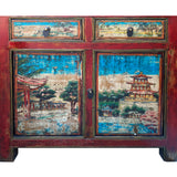 Chinese Distressed Red Blue Old Scenery Graphic Credenza Cabinet cs7393S