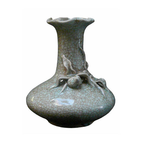 Chinese Celadon Crackle Ceramic Pottery Vase With 3D Floral Art