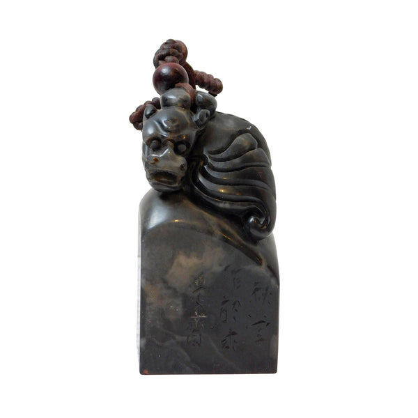 Stone Carved Chinese Mythology Flying Dragon Theme Seal Stamp Display n355S