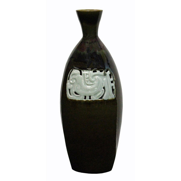 Modern Handmade Narrow Neck Vase Brown Tone Gloss Grace With Ancient Phoenix Graphic n378S Modern Handmade Narrow Neck Vase Brown Tone Gloss Grace With Ancient Phoenix Graphic n378S