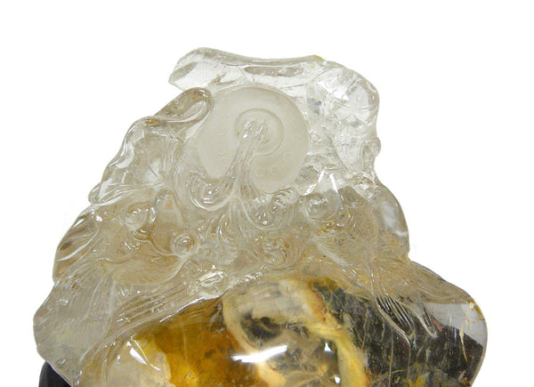 Natural Clear Crystal Hand Carved Goldfish Wave Display On Wood Stand s991S Natural Clear Crystal Hand Carved Goldfish Wave Display On Wood Stand s991S