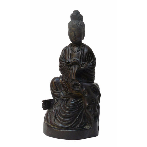 Chinese Tan Wood Carved Sitting Kwan Yin Bodhisattva Statue vs580S
