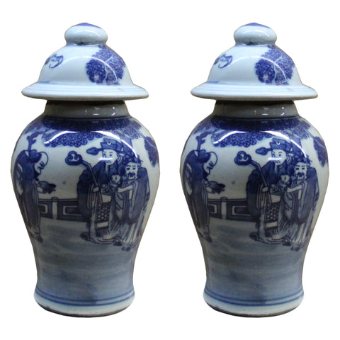 Lot of 2 Chinese Porcelain Blue & White Small Round Lid Jars