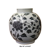 Chinese Gray Blue Off White Flowers Graphic Fat Round Ceramic Vase ws1073S