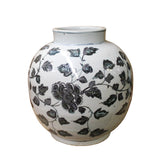 Chinese Gray Blue Off White Flowers Graphic Fat Round Ceramic Vase ws1073S