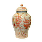 Coral Pink Orange Off White Flowers Fishes Graphic Round Ceramic Jar ws1142S