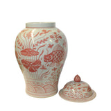 Coral Pink Orange Off White Flowers Fishes Graphic Round Ceramic Jar ws1142S