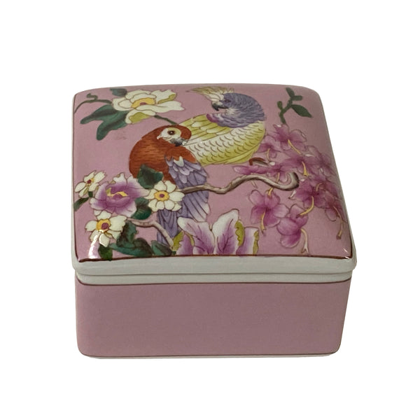 Pink Flower Peacock Painting Square Porcelain Box - Jewelry Box ws1161S