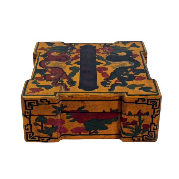 Chinese Distressed Yellow Lacquer Chinoiserie Color Square Painting Box ws158S Chinese Distressed Yellow Lacquer Chinoiserie Color Square Painting Box ws158S