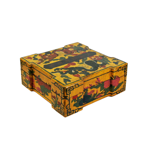 Chinese Distressed Yellow Lacquer Chinoiserie Color Square Painting Box ws158S Chinese Distressed Yellow Lacquer Chinoiserie Color Square Painting Box ws158S