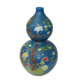 Chinese Matte Cyan Blue Ceramic Scenery Graphic Painting Gourd Vase ws804S