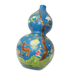 Chinese Matte Cyan Blue Ceramic Scenery Graphic Painting Gourd Vase ws804S
