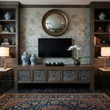 Brown Solid Wood Flower Carving 5 Drawers Blue Marks Low TV Stand Cabinet ws4388S