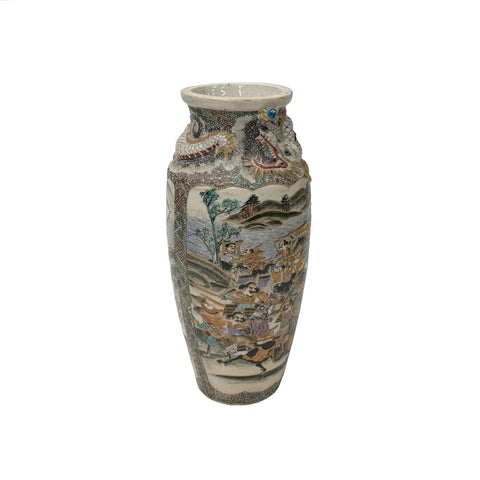 Vintage Asian Satusma Ceramic Handpainted Samurai Relief Dragon Motif Vase ws5026S