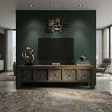Brown Solid Wood Flower Carving 5 Drawers Blue Marks Low TV Stand Cabinet ws4388S