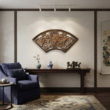 Chinese Fan Shape Birds Flowers Wood Wall Hanging Panel ws3548S
