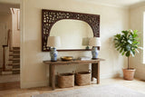Chinese Reddish Brown Stain Geometric Scenery Carving Wood Frame Wall Mirror cs3513S