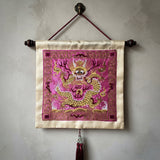 Asian Square Magenta Golden Dragon Bats Blossom Flower Fabric Display Art GB696S